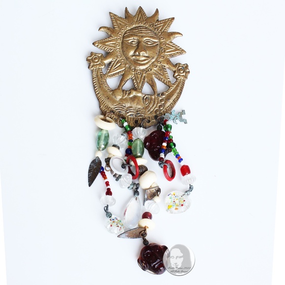 Large Sun and Moon Brooch with Beads & Charms Abstract Metal Vintage 70s - Picture 1 of 7